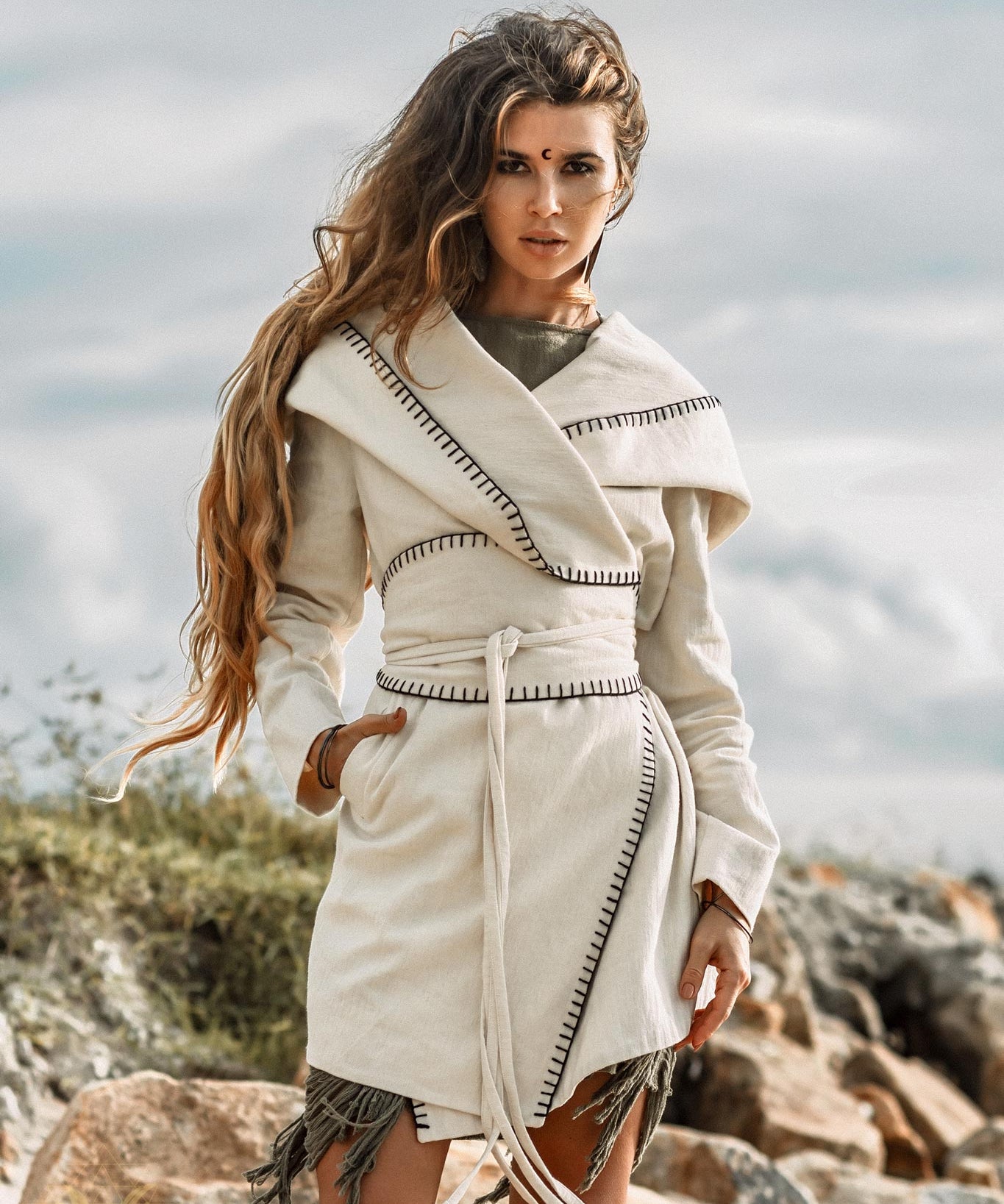 Warm Boho Hoody Cardigan for Women • Off - White Belted Wrap Cardigan - AYA Sacred Wear