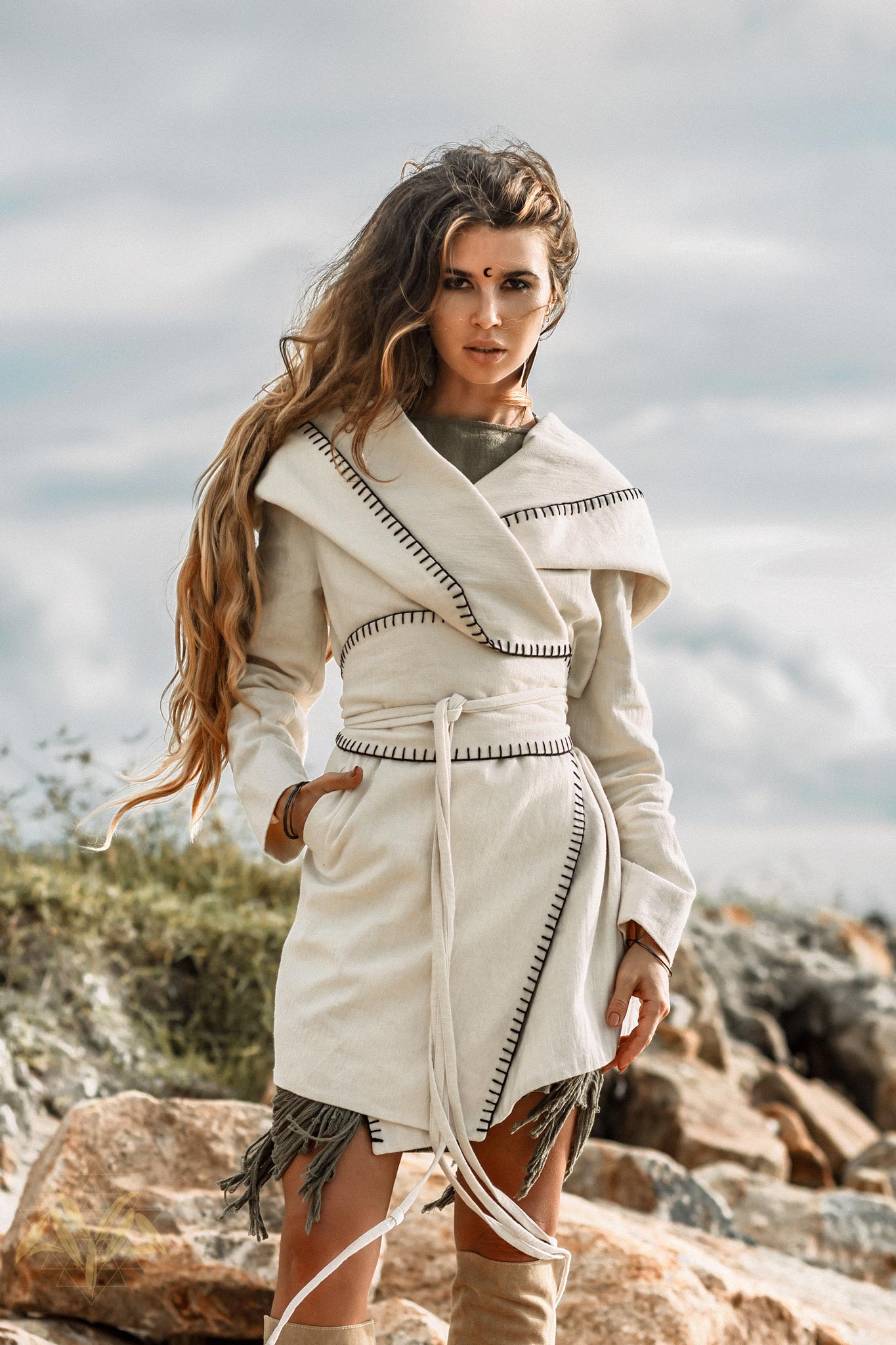 Warm Boho Hoody Cardigan for Women • Off - White Belted Wrap Cardigan - AYA Sacred Wear