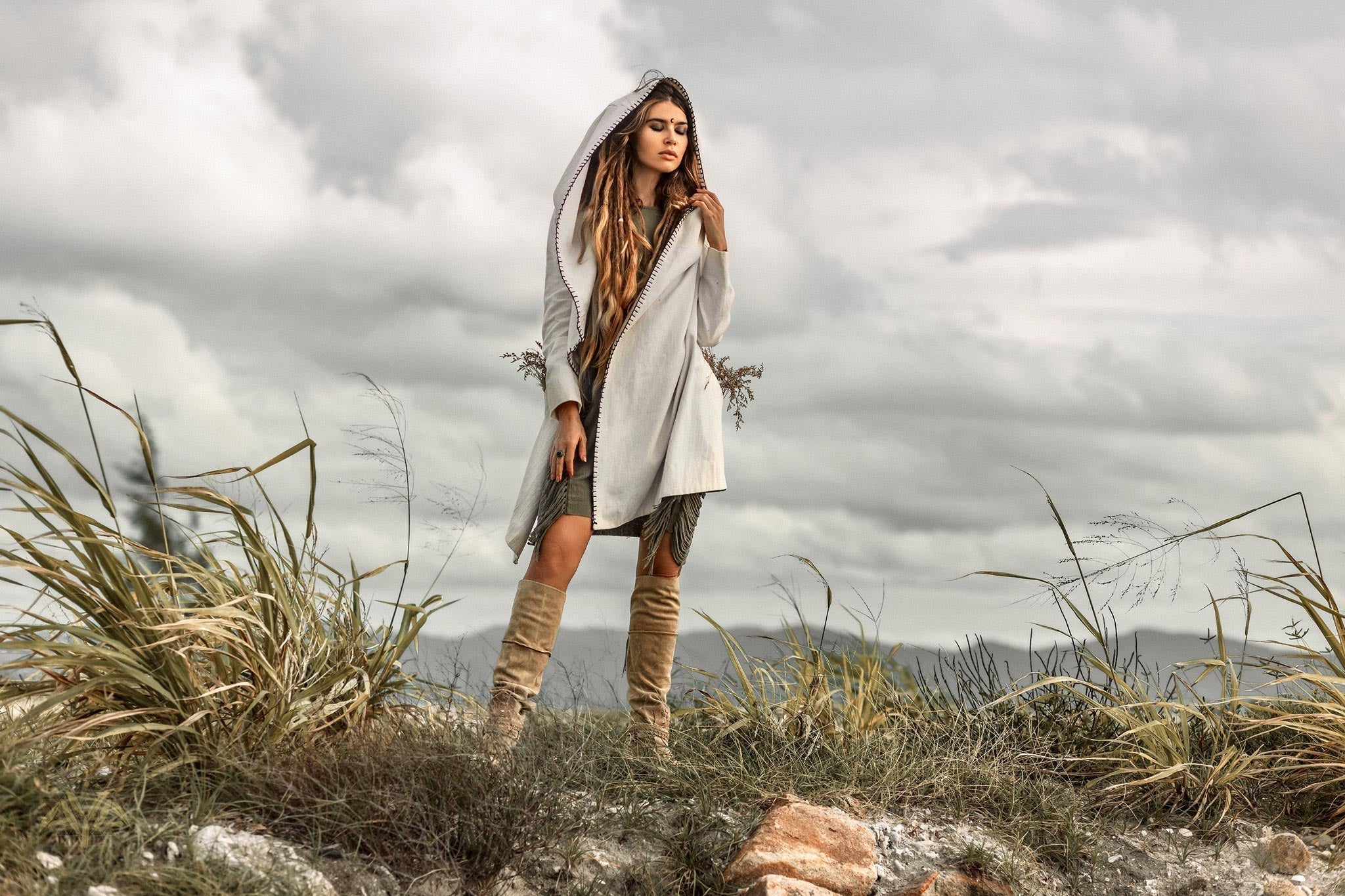Warm Boho Hoody Cardigan for Women • Off - White Belted Wrap Cardigan - AYA Sacred Wear