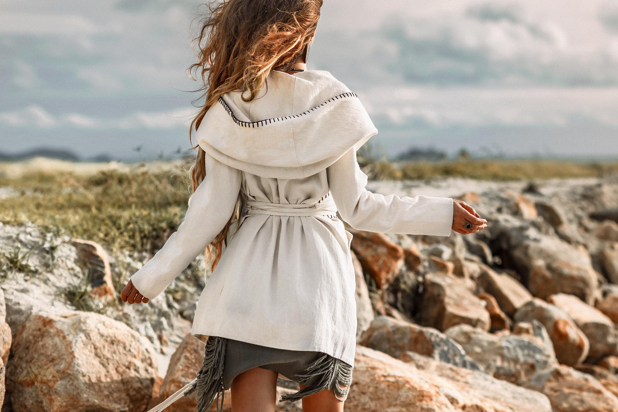 Warm Boho Hoody Cardigan for Women • Off - White Belted Wrap Cardigan - AYA Sacred Wear