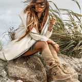 Warm Boho Hoody Cardigan for Women • Off - White Belted Wrap Cardigan - AYA Sacred Wear