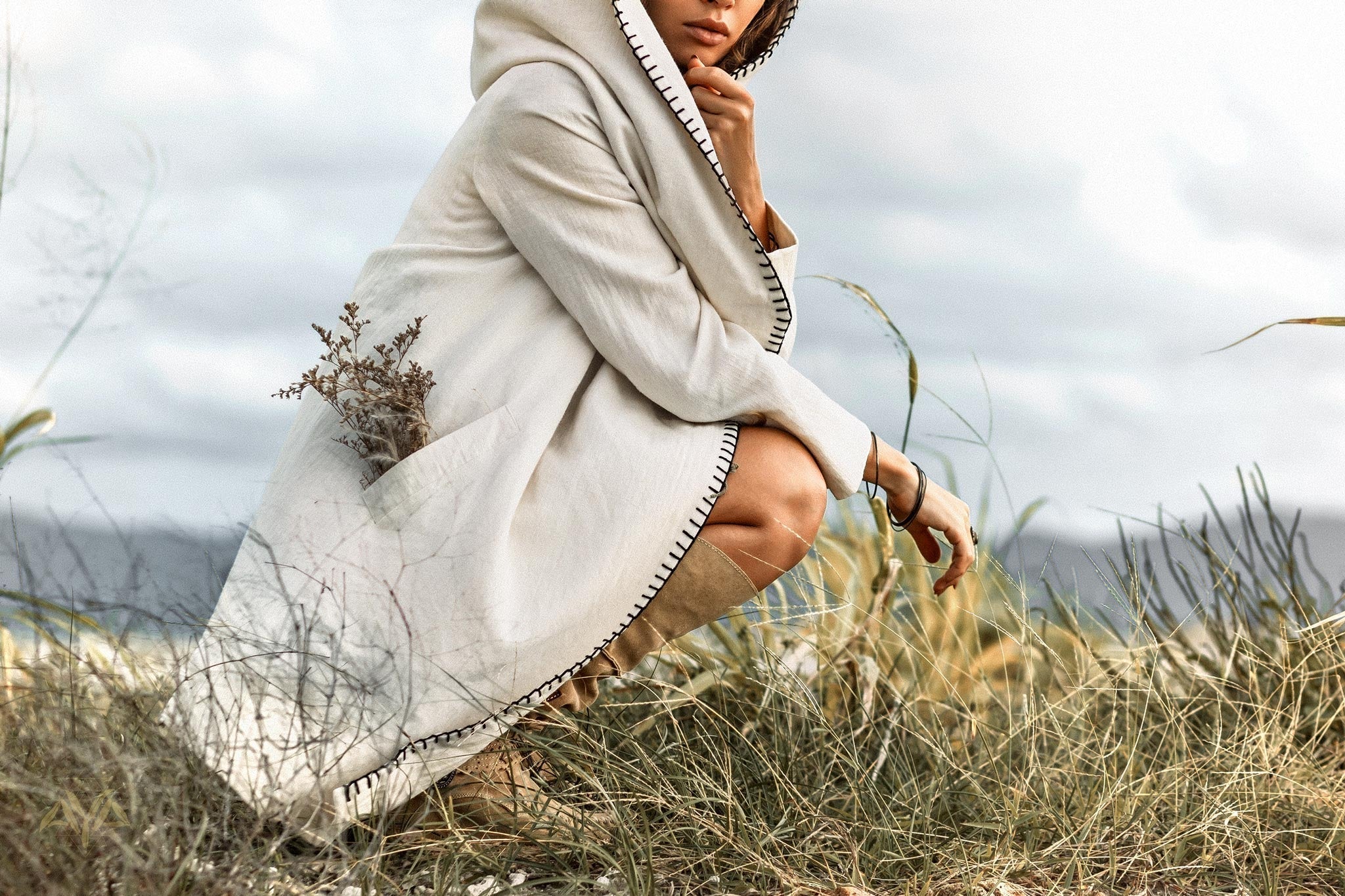 Warm Boho Hoody Cardigan for Women • Off - White Belted Wrap Cardigan - AYA Sacred Wear