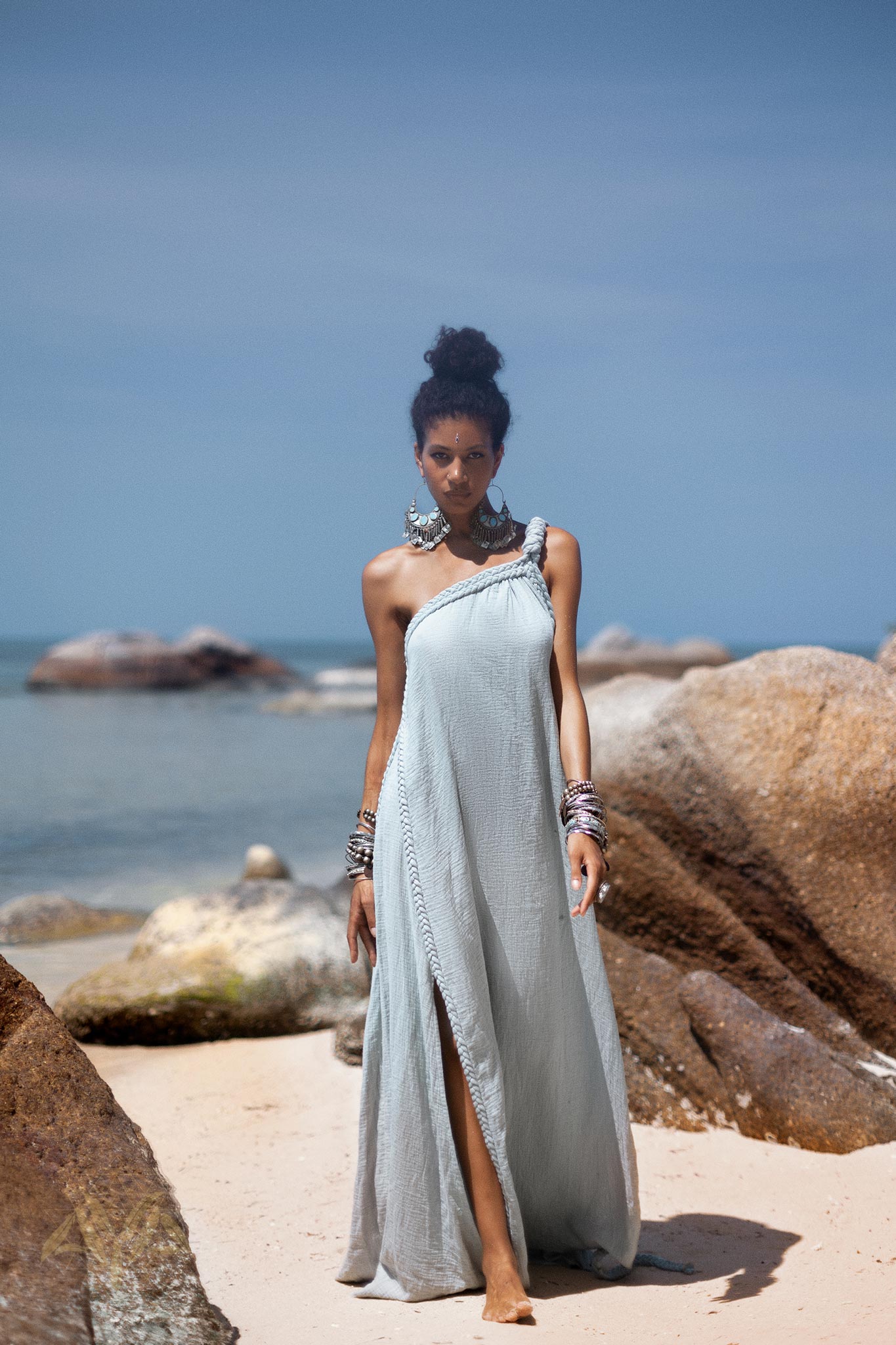 Stand Out from the Crowd with Our Organic Boho Cold Open Shoulder Maxi Dress by AYA Sacred Wear.