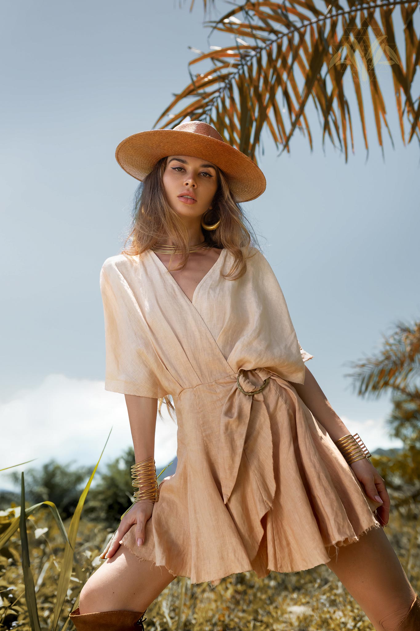 Ombre V Neck Mini Dress: Step into summer with our ombre boat neck mini dress. Crafted from sustainably dyed organic linen, this versatile piece features a boat neckline and a stunning ombre effect from light pink to beige pink.