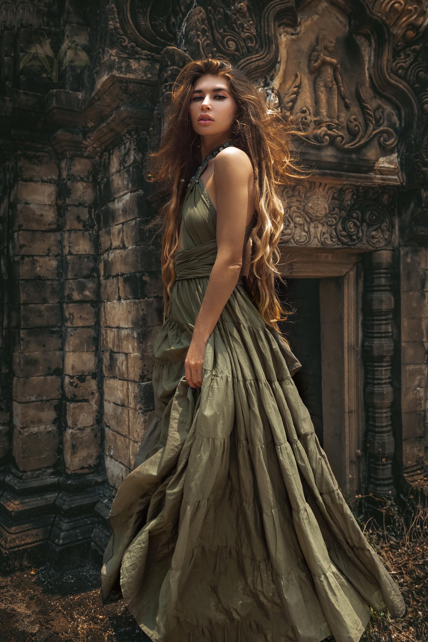 Dark Green Bohemian Adjustable Dress  Evening Open Back Belly Dress by AYA Sacred Wear