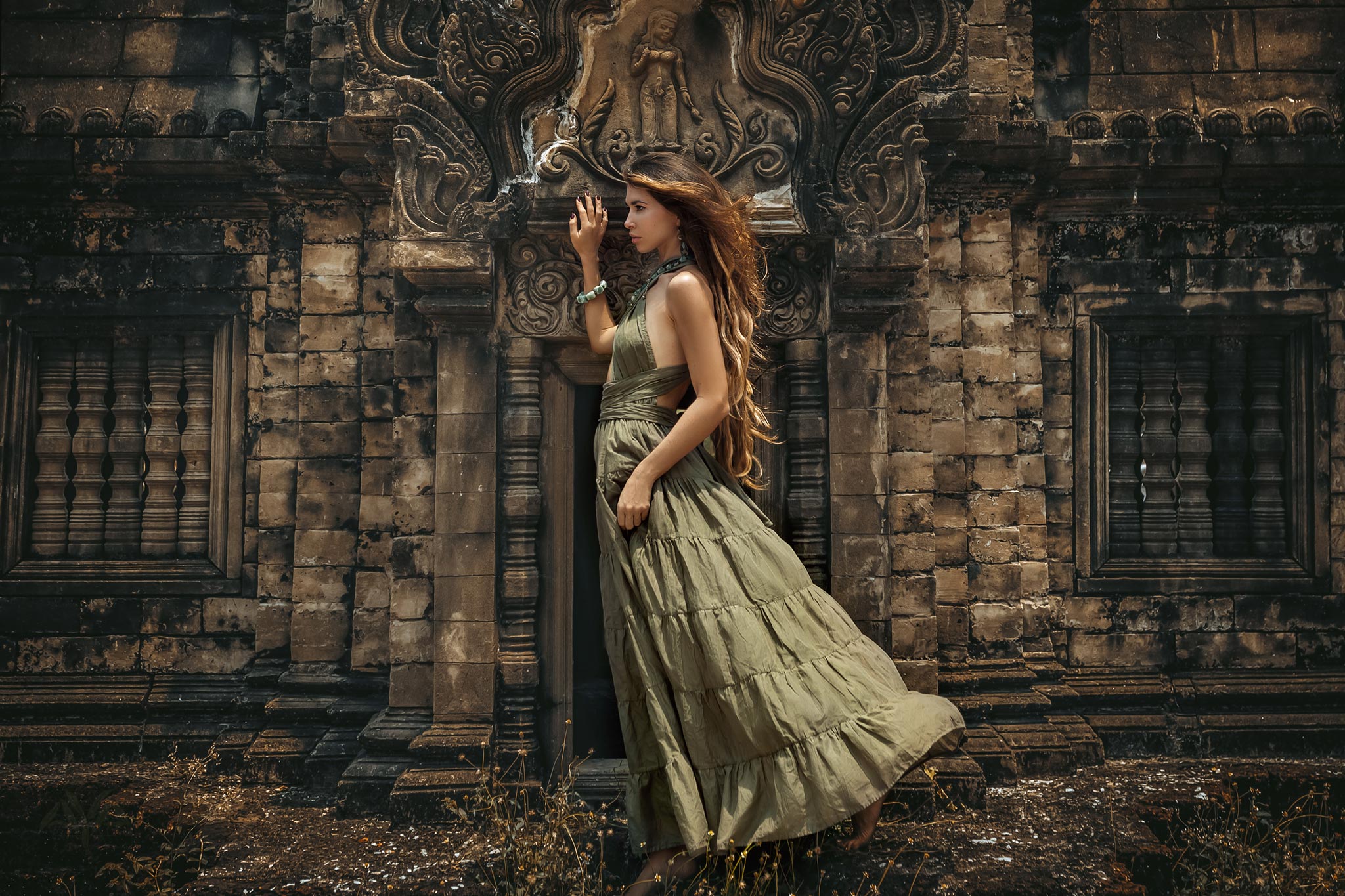 Dark Green Bohemian Adjustable Dress  Evening Open Back Belly Dress by AYA Sacred Wear