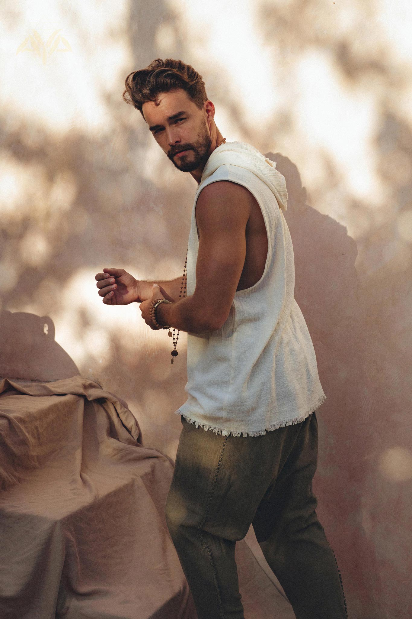 White Handwoven Cotton Sleeveless Hoody for Men - AYA Sacred Wear