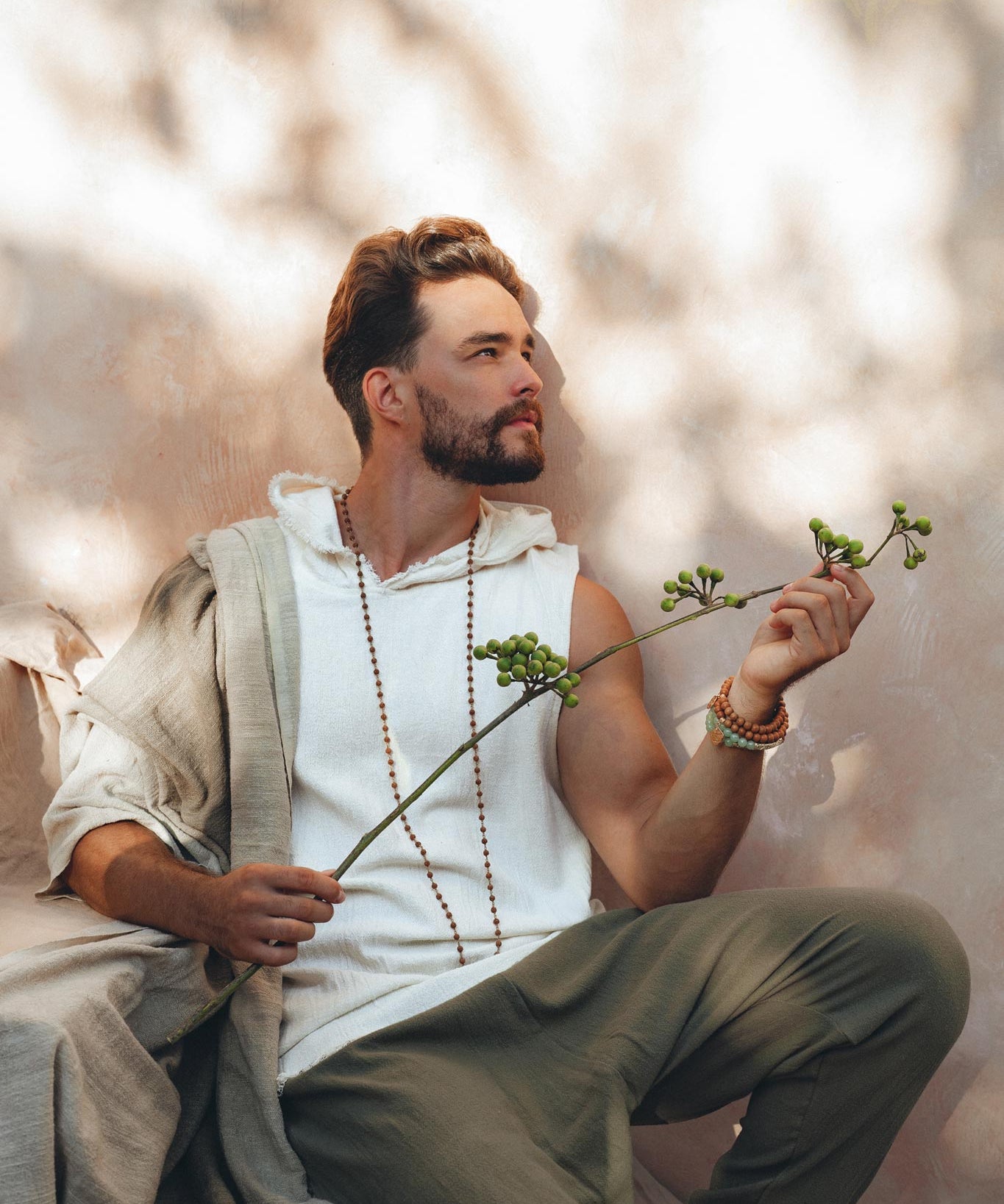 White Handwoven Cotton Sleeveless Hoody for Men - AYA Sacred Wear