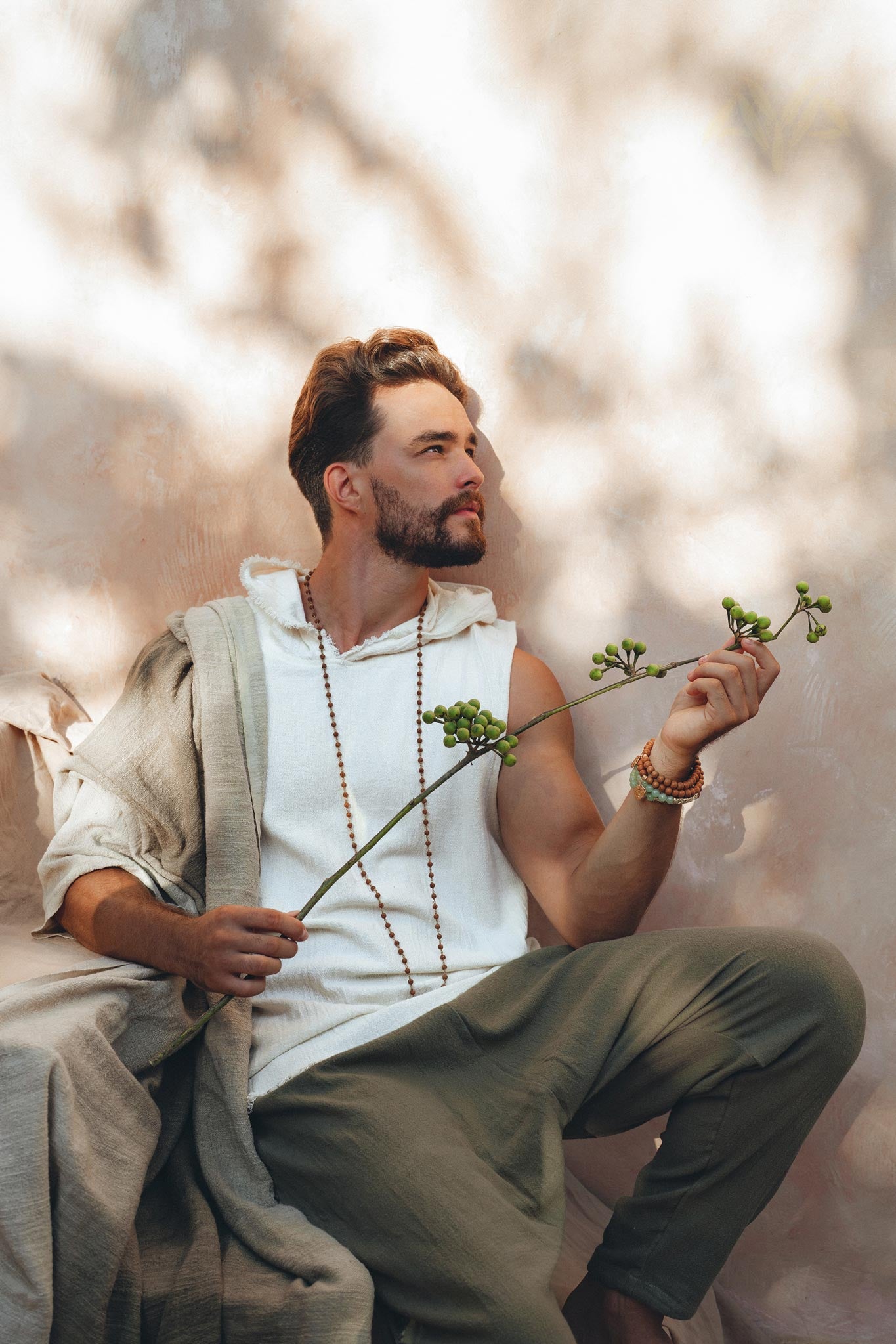 White Handwoven Cotton Sleeveless Hoody for Men - AYA Sacred Wear