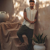 White Handwoven Cotton Sleeveless Hoody for Men - AYA Sacred Wear