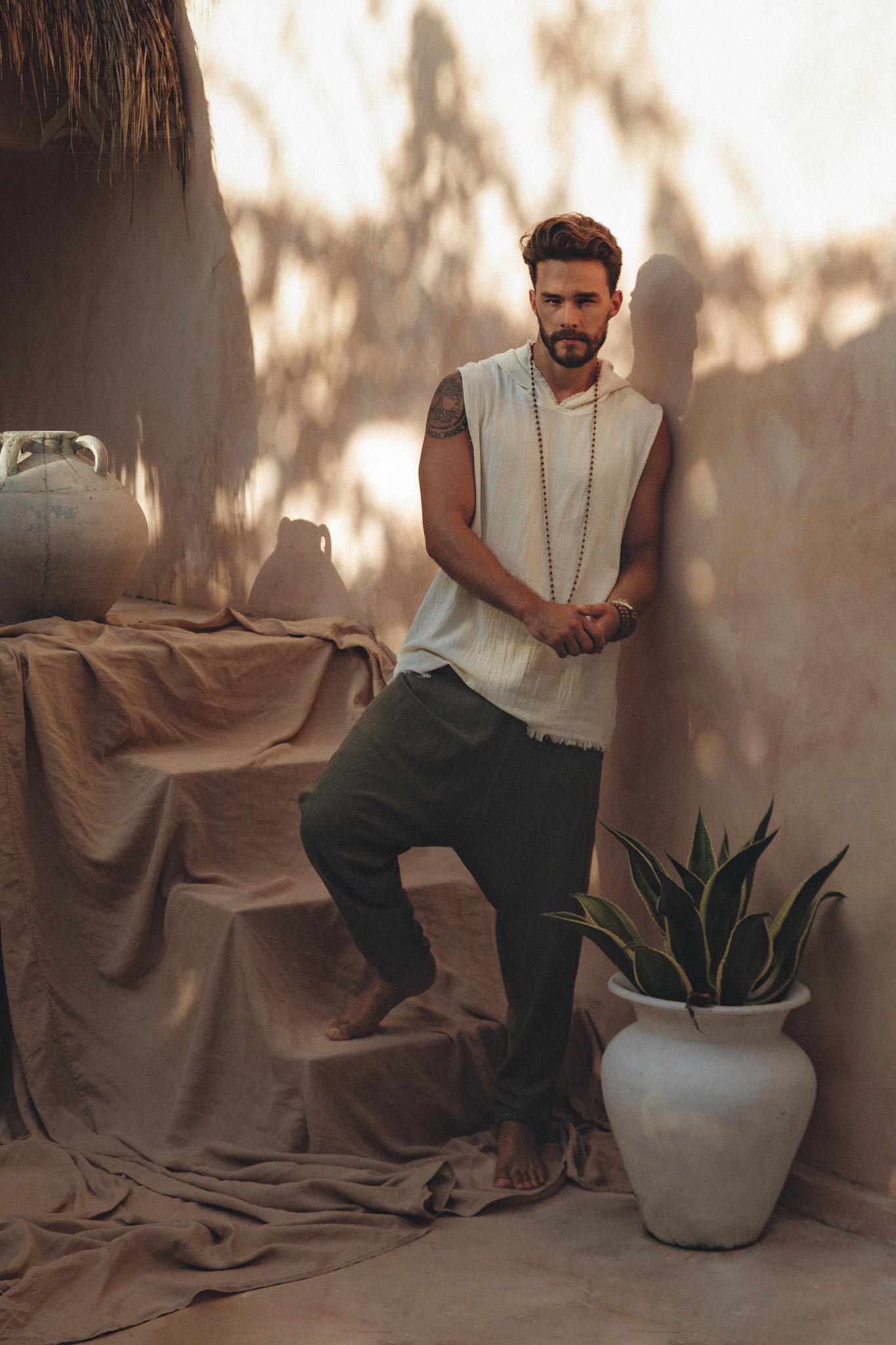 White Handwoven Cotton Sleeveless Hoody for Men - AYA Sacred Wear