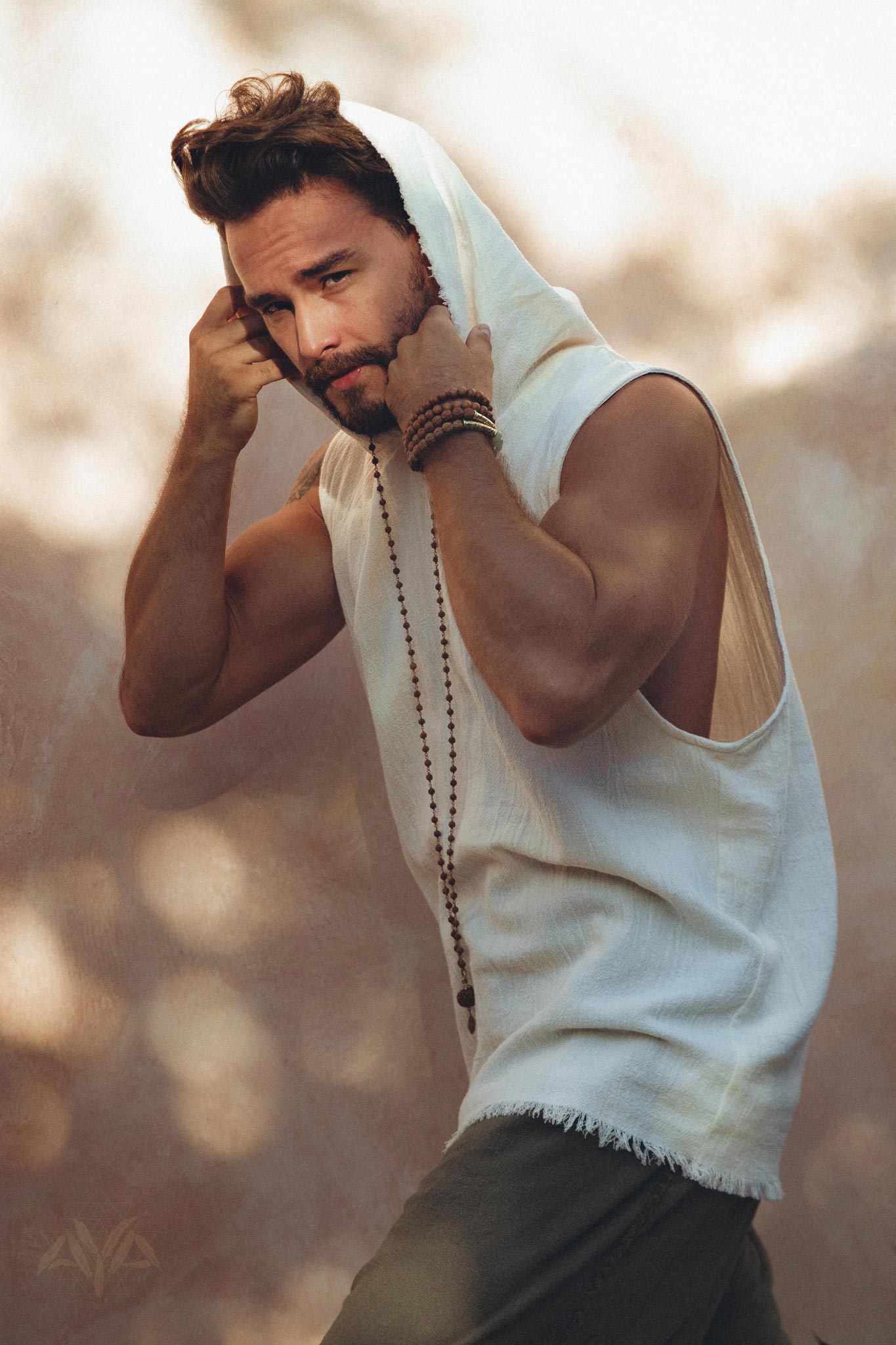 White Handwoven Cotton Sleeveless Hoody for Men - AYA Sacred Wear