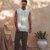 White Handwoven Cotton Sleeveless Hoody for Men - AYA Sacred Wear