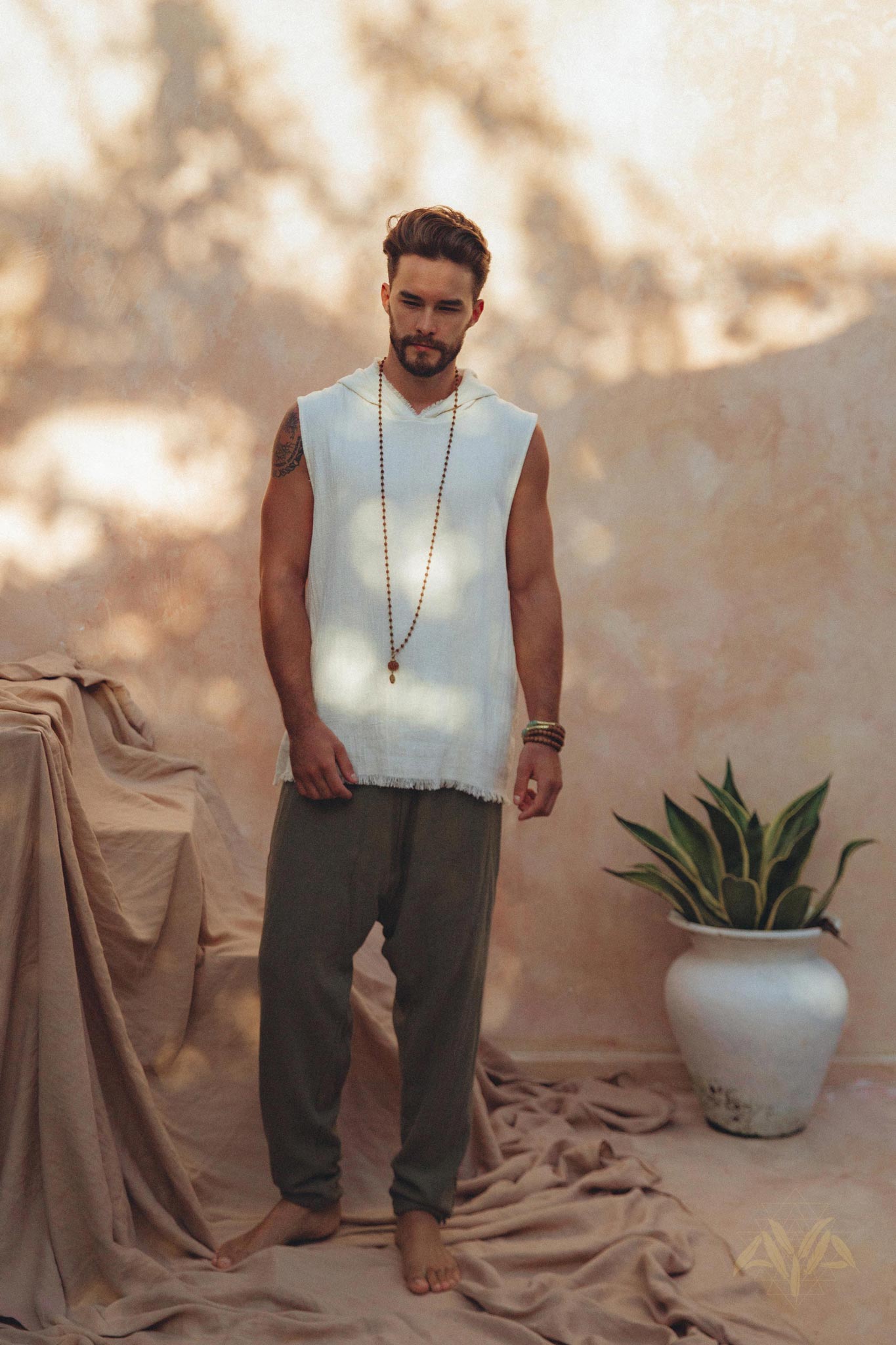 White Handwoven Cotton Sleeveless Hoody for Men - AYA Sacred Wear