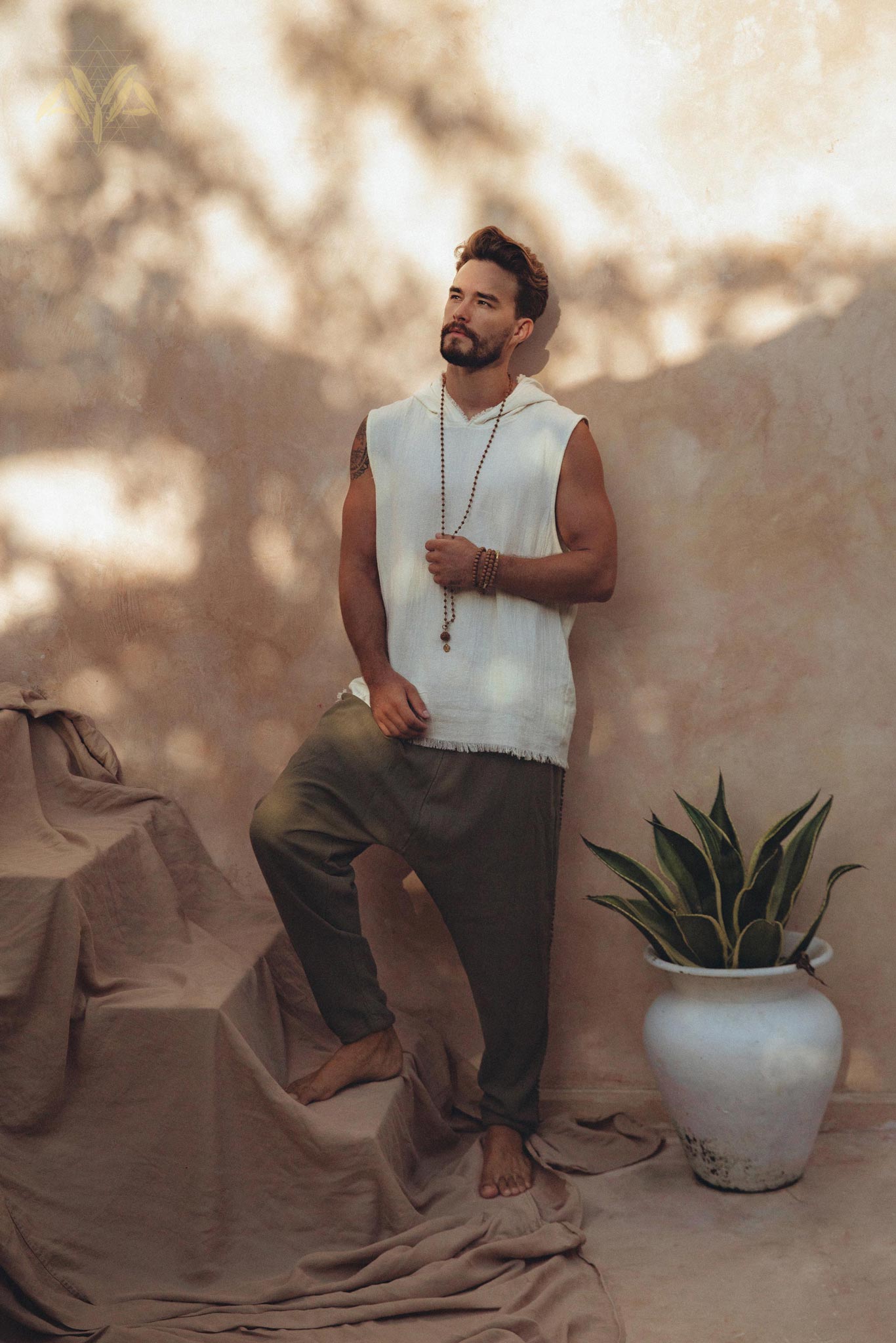 White Handwoven Cotton Sleeveless Hoody for Men - AYA Sacred Wear