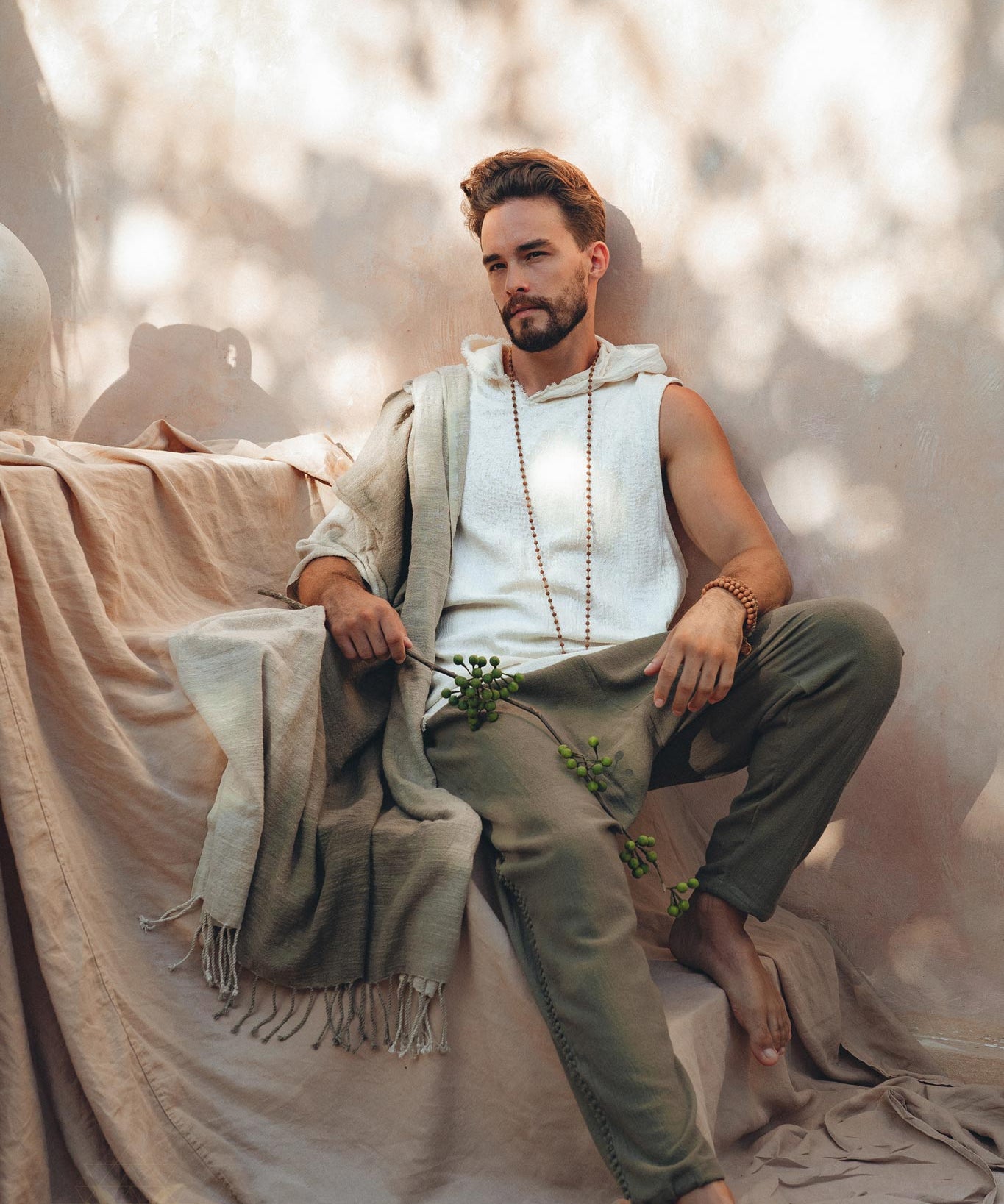 White Handwoven Cotton Sleeveless Hoody for Men - AYA Sacred Wear