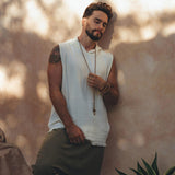 White Handwoven Cotton Sleeveless Hoody for Men - AYA Sacred Wear