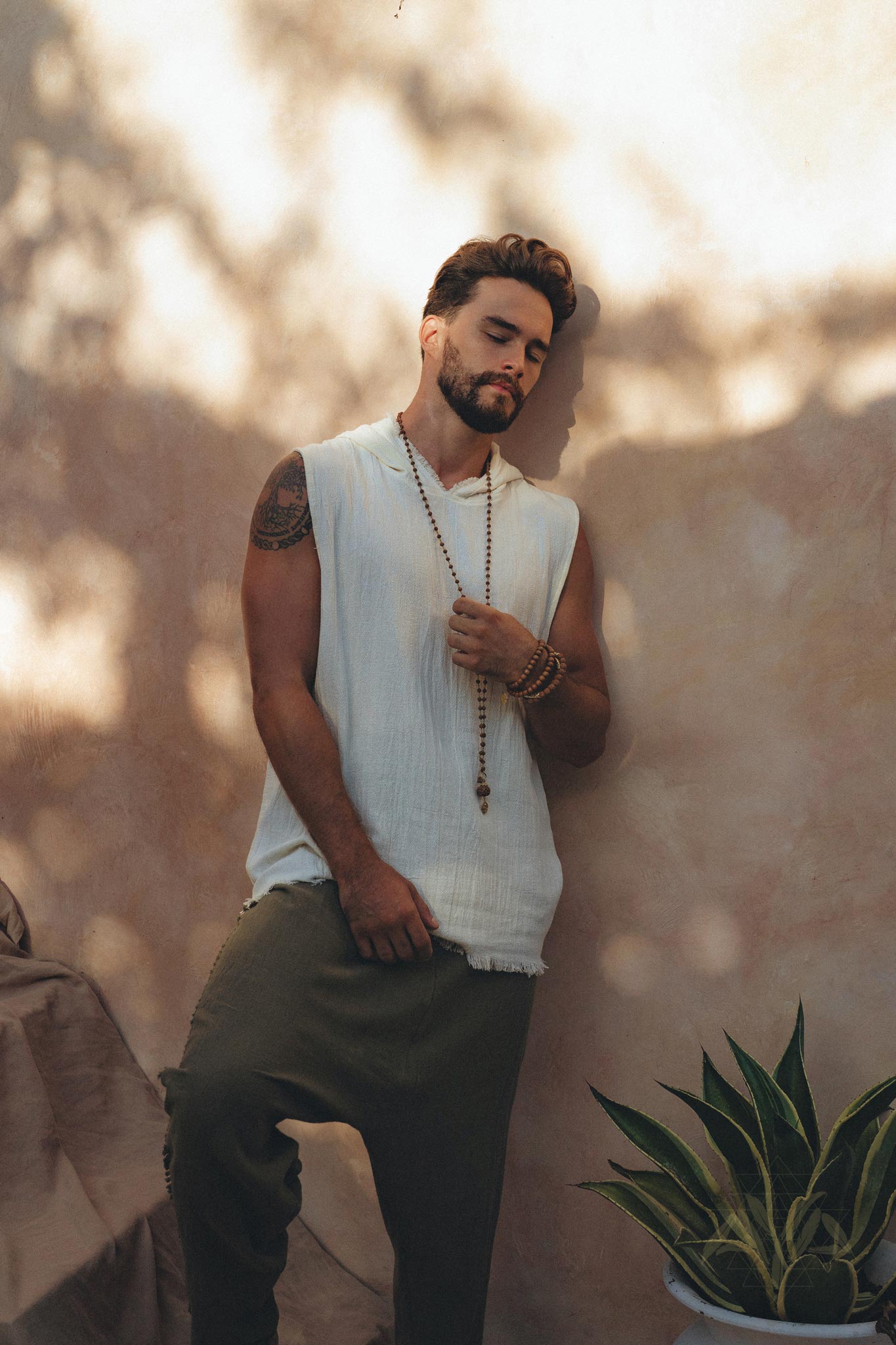 White Handwoven Cotton Sleeveless Hoody for Men - AYA Sacred Wear