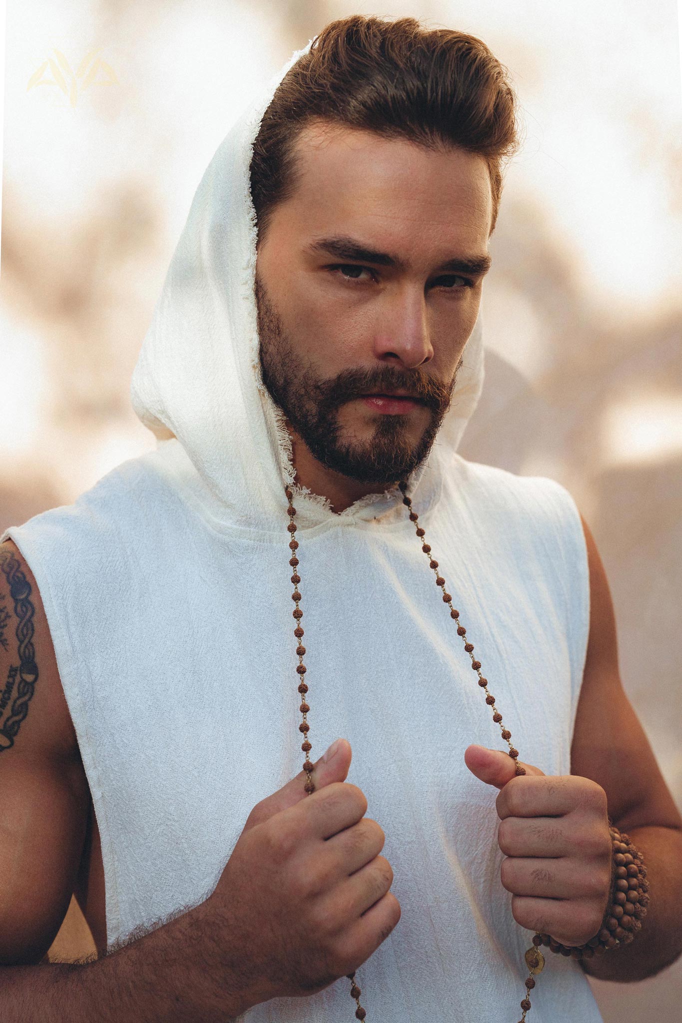 White Handwoven Cotton Sleeveless Hoody for Men - AYA Sacred Wear