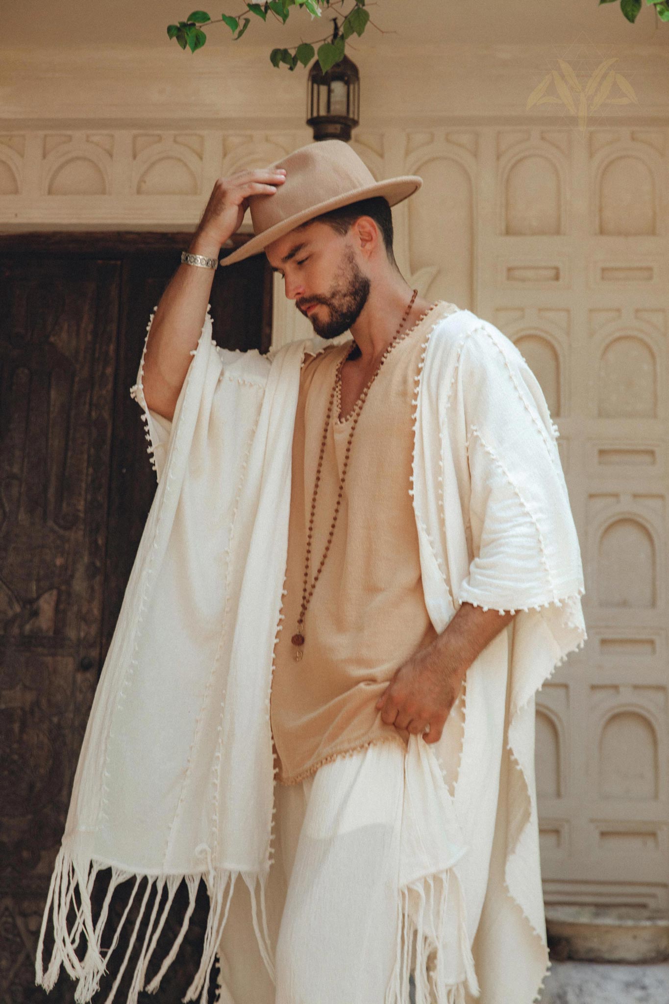 White Raw Cotton Minimalist Poncho for Men - AYA Sacred Wear