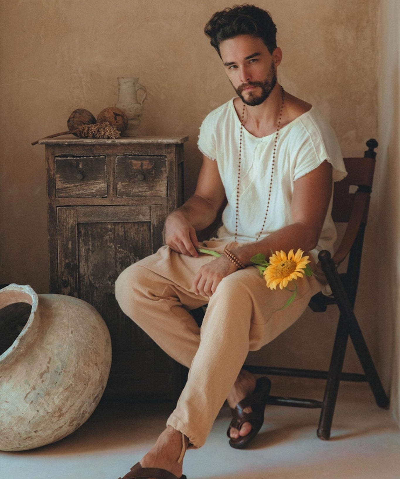 White Raw Edge Thick Cotton Top Tee for Men - AYA Sacred Wear