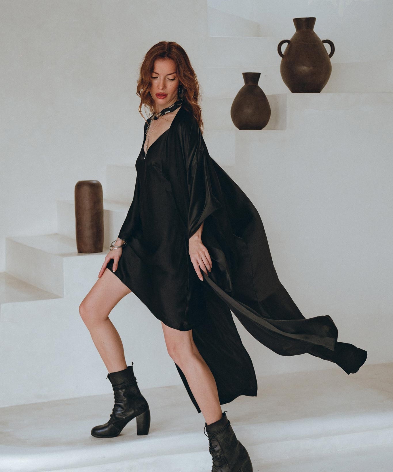 Wide Sleeve Bohemian Kaftan Cardigan • Black Peace Silk Kimono Robe - AYA Sacred Wear