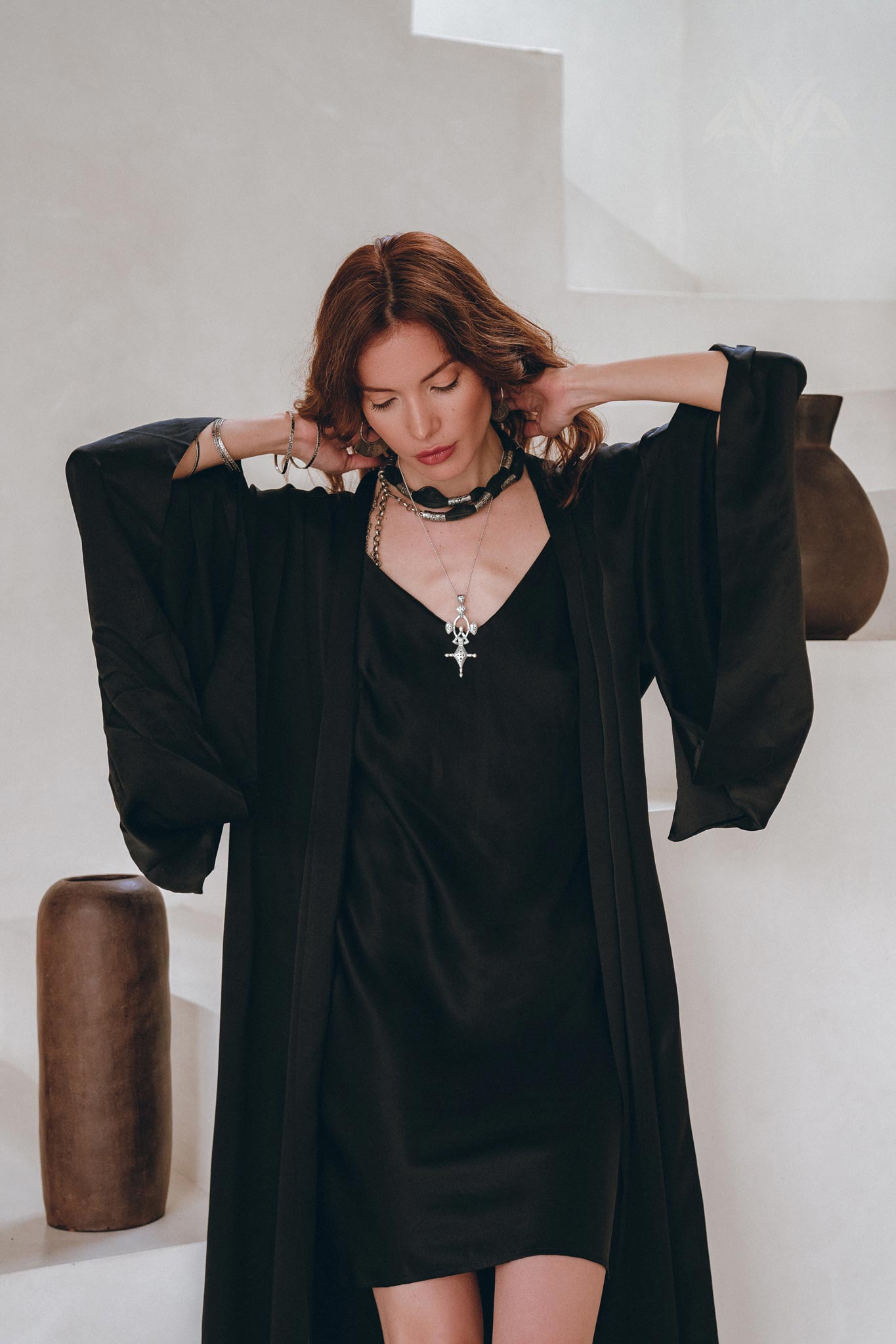 Wide Sleeve Bohemian Kaftan Cardigan • Black Peace Silk Kimono Robe - AYA Sacred Wear