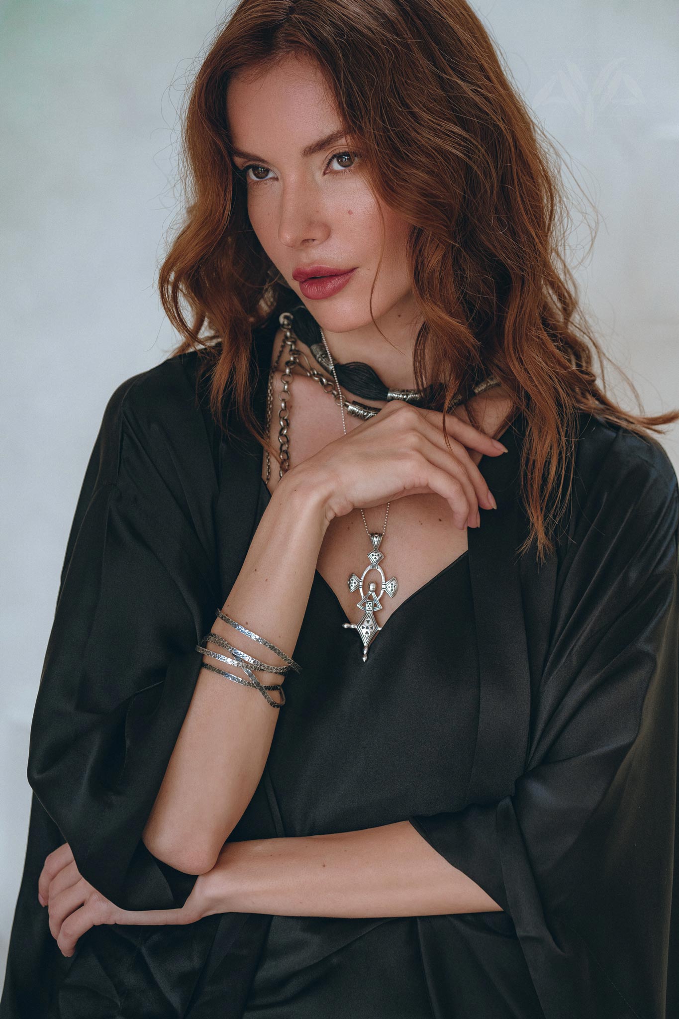 Wide Sleeve Bohemian Kaftan Cardigan • Black Peace Silk Kimono Robe - AYA Sacred Wear