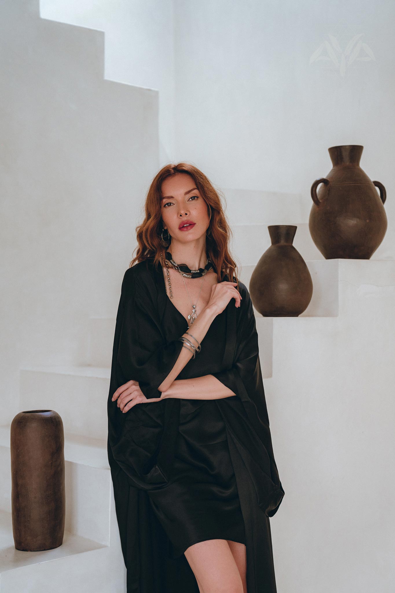 Wide Sleeve Bohemian Kaftan Cardigan • Black Peace Silk Kimono Robe - AYA Sacred Wear