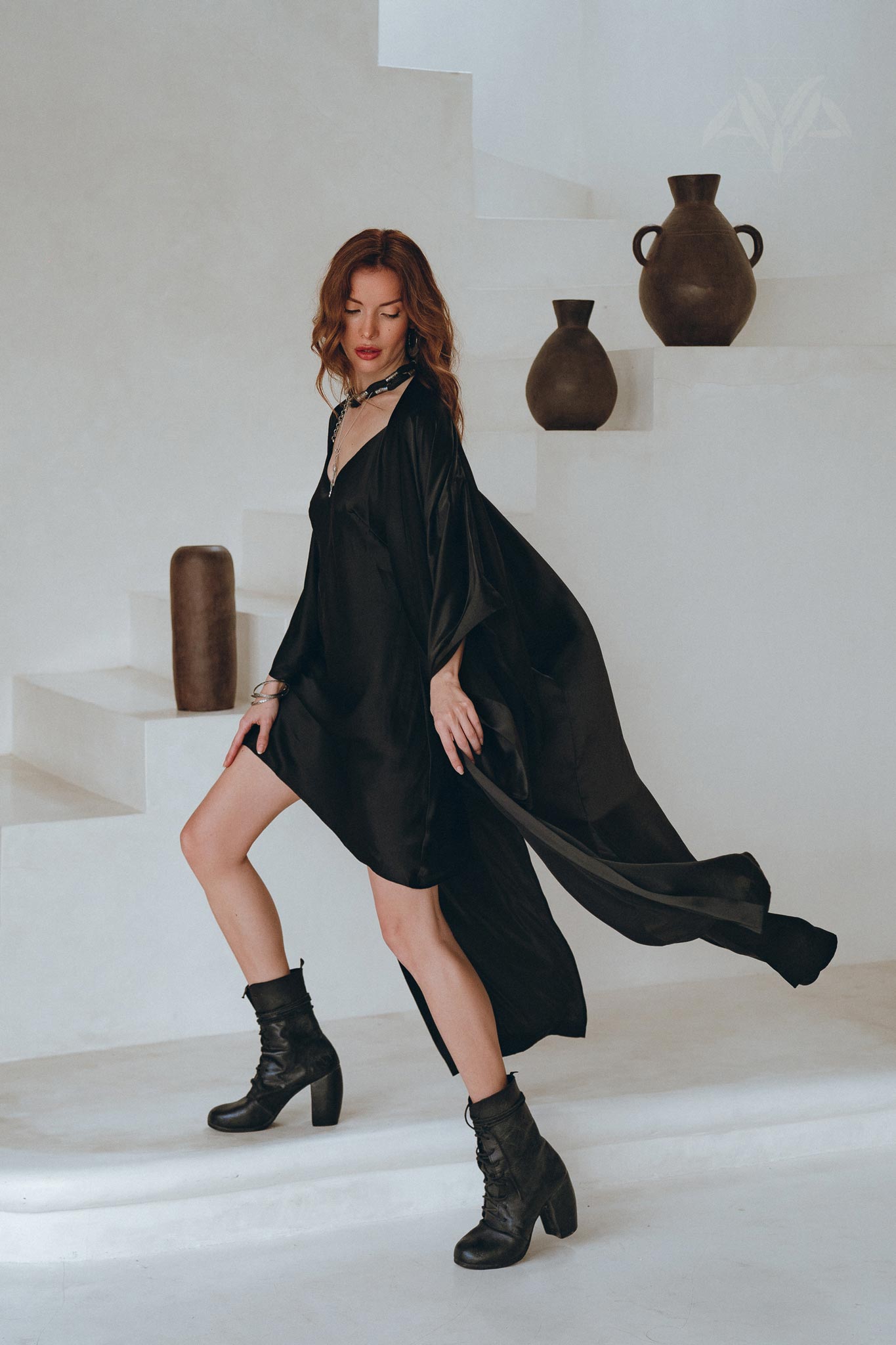 Wide Sleeve Bohemian Kaftan Cardigan, Black Peace Silk Kimono Robe - AYA Sacred Wear