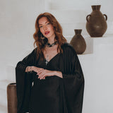Wide Sleeve Bohemian Kaftan Cardigan, Black Peace Silk Kimono Robe - AYA Sacred Wear