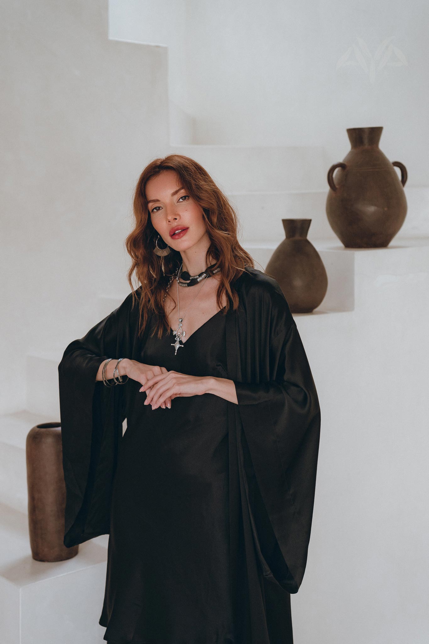 Wide Sleeve Bohemian Kaftan Cardigan, Black Peace Silk Kimono Robe - AYA Sacred Wear