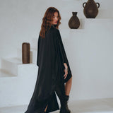 Wide Sleeve Bohemian Kaftan Cardigan, Black Peace Silk Kimono Robe - AYA Sacred Wear