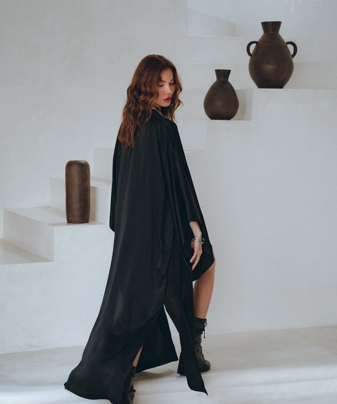Wide Sleeve Bohemian Kaftan Cardigan, Black Peace Silk Kimono Robe - AYA Sacred Wear