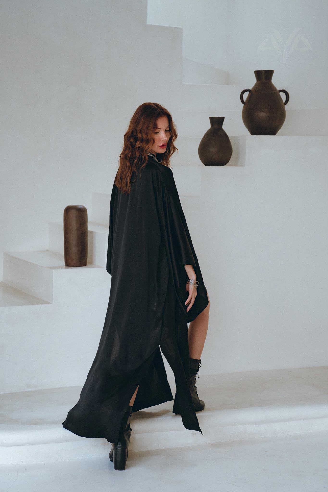 Wide Sleeve Bohemian Kaftan Cardigan, Black Peace Silk Kimono Robe - AYA Sacred Wear