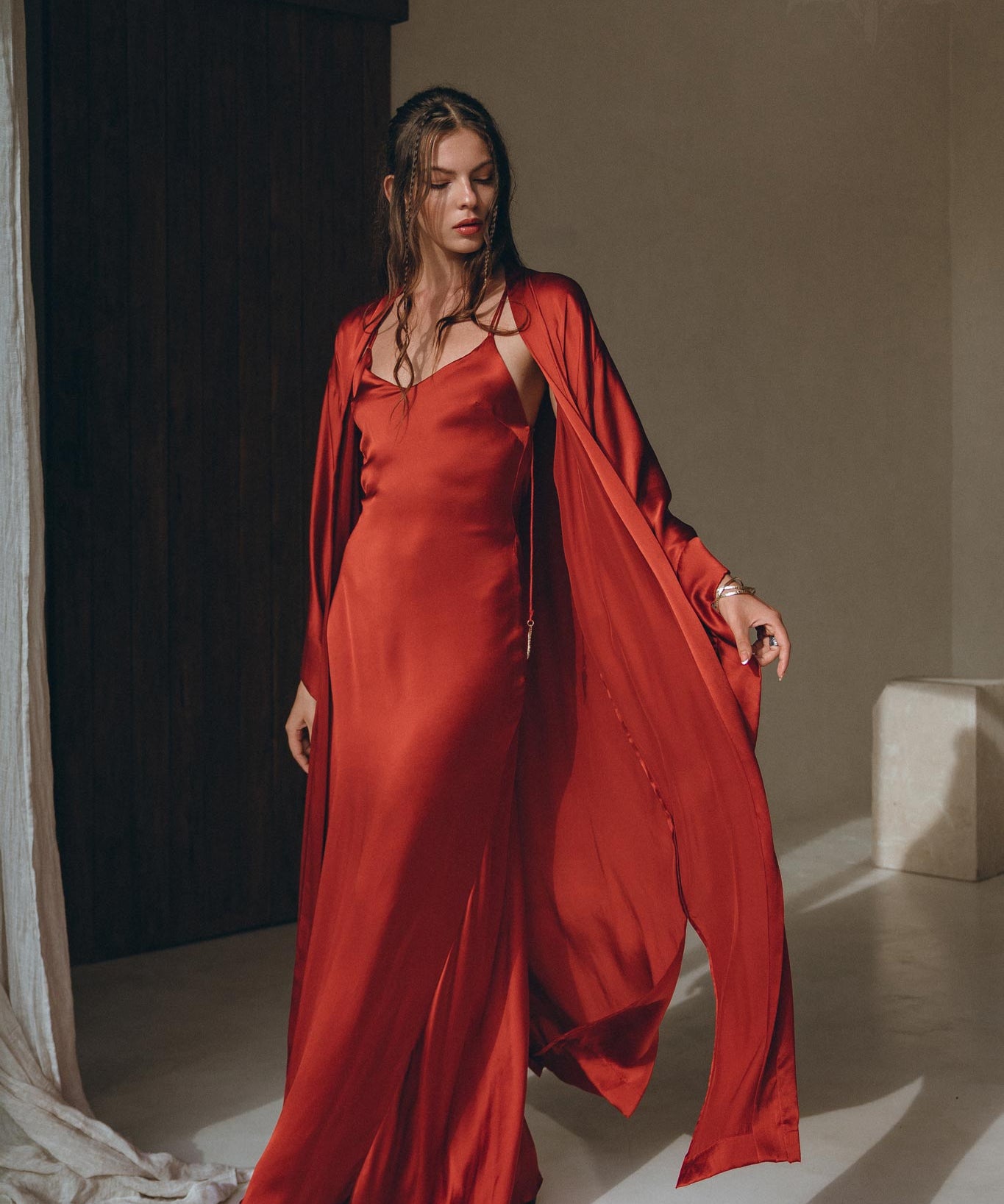 Wine Red Silk Boho Kimono Cover • Wide Sleeve Bohemian Kaftan Cardigan - AYA Sacred Wear