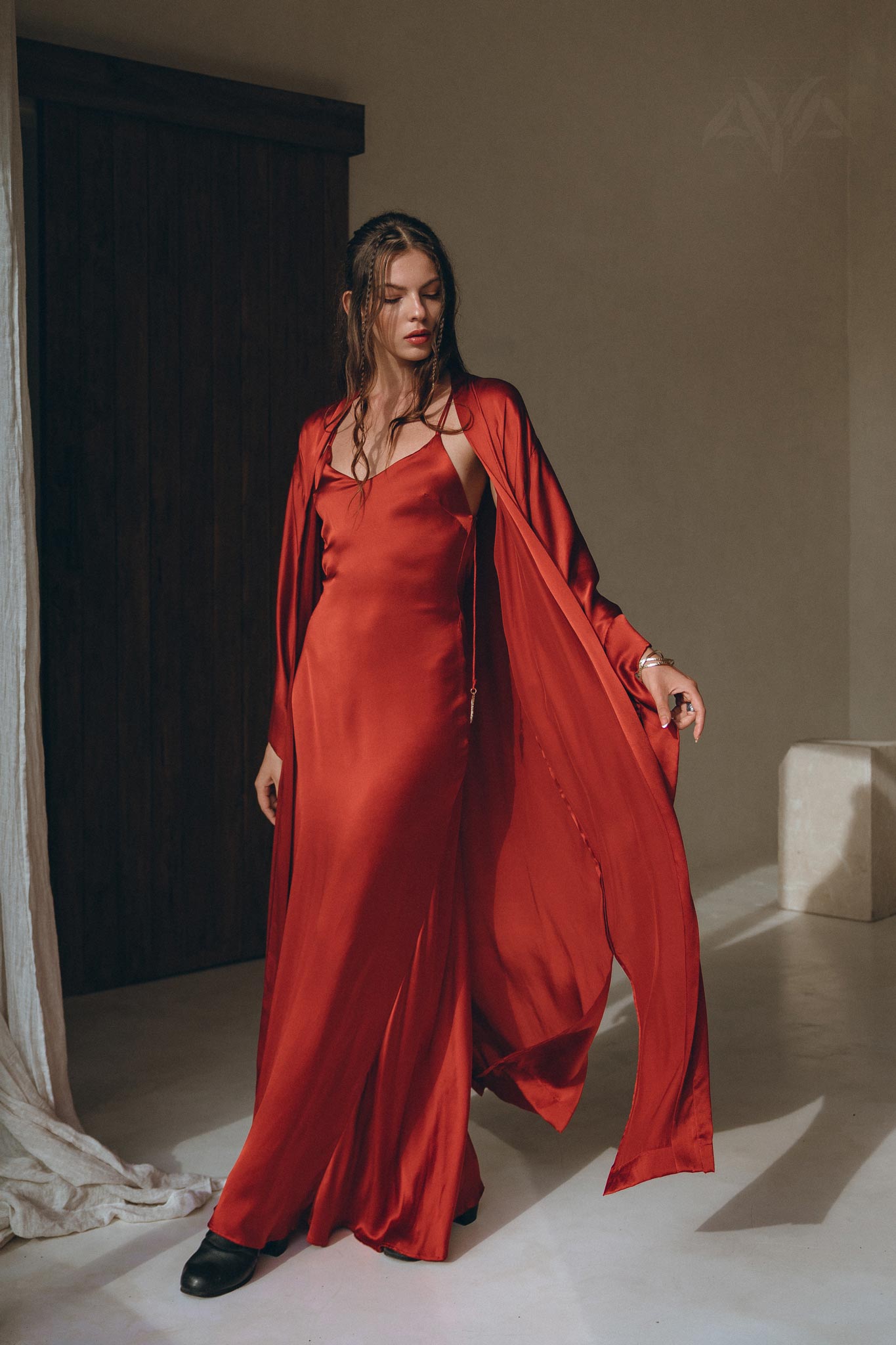 Wine Red Silk Boho Kimono Cover • Wide Sleeve Bohemian Kaftan Cardigan - AYA Sacred Wear