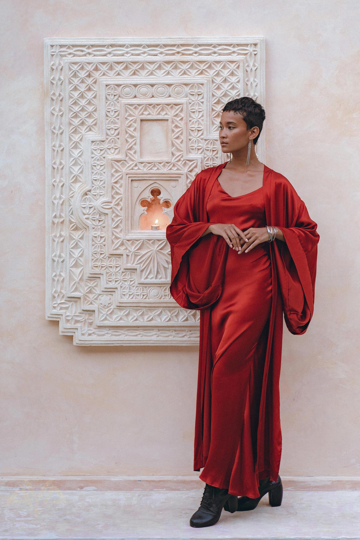 Wine Red Silk Boho Kimono Cover • Wide Sleeve Bohemian Kaftan Cardigan - AYA Sacred Wear