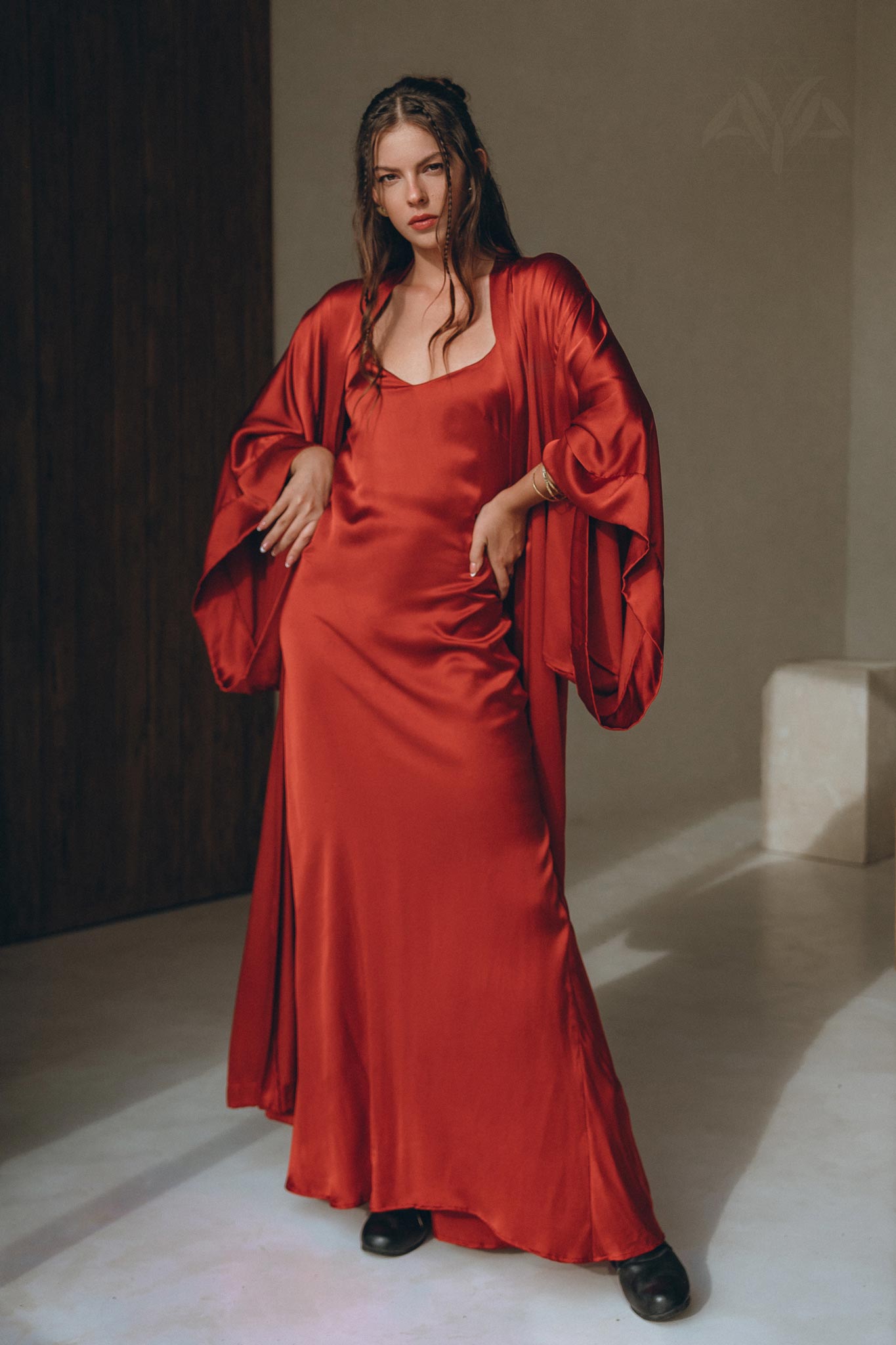 Wine Red Silk Slip Dress • Peace Silk Dress • Evening Bohemian Dress - AYA Sacred Wear