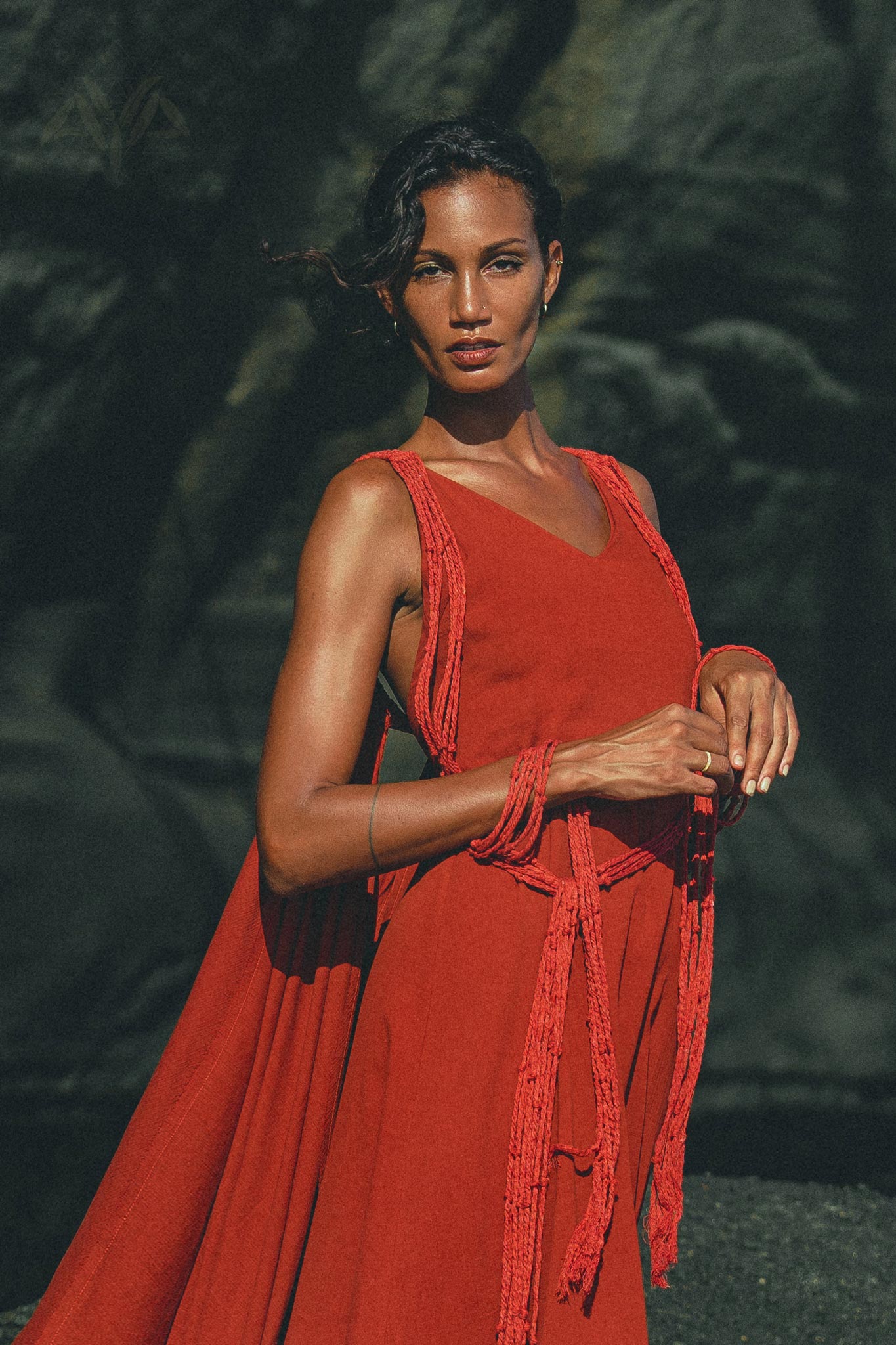 Glam up a special event with this Wine Red Macrame Dress, adjustable with an included belt. 