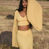 Yellow Gold Boho Linen Set, Embroidered Indian Top, Maxi Skirt, Handmade Summer Festival Outfit - AYA Sacred Wear