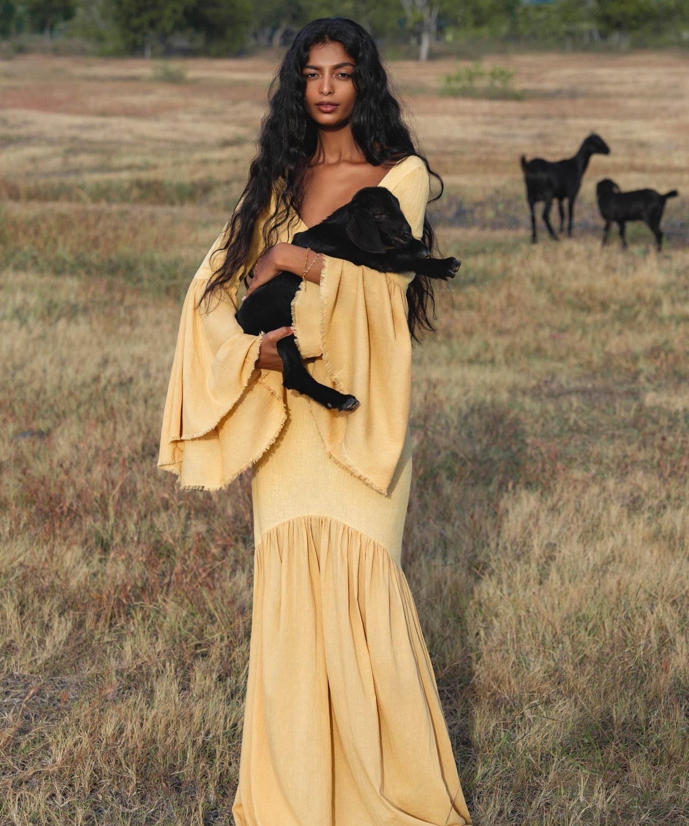 Yellow Gold Boho Linen Set, Embroidered Indian Top, Maxi Skirt, Handmade Summer Festival Outfit - AYA Sacred Wear