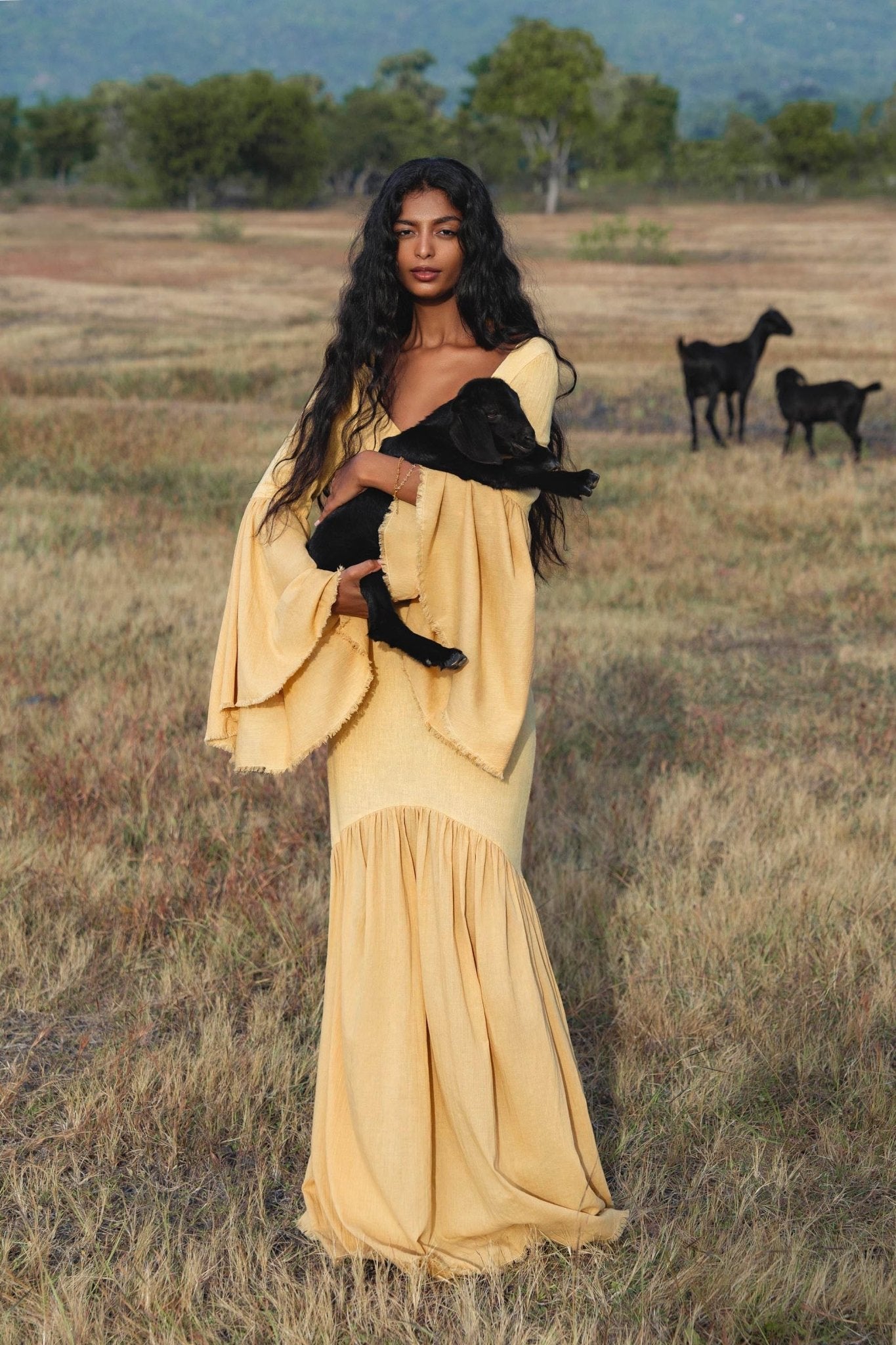 Yellow Gold Boho Linen Set, Embroidered Indian Top, Maxi Skirt, Handmade Summer Festival Outfit - AYA Sacred Wear