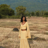 Yellow Gold Boho Linen Set, Embroidered Indian Top, Maxi Skirt, Handmade Summer Festival Outfit - AYA Sacred Wear