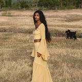 Yellow Gold Boho Linen Set, Embroidered Indian Top, Maxi Skirt, Handmade Summer Festival Outfit - AYA Sacred Wear