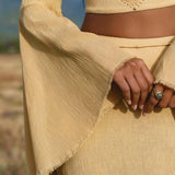 Yellow Gold Boho Linen Set, Embroidered Indian Top, Maxi Skirt, Handmade Summer Festival Outfit - AYA Sacred Wear