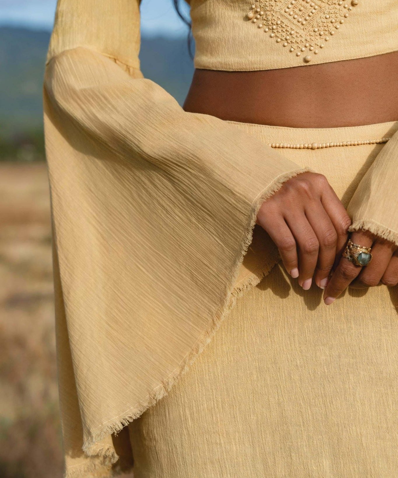 Yellow Gold Boho Linen Set, Embroidered Indian Top, Maxi Skirt, Handmade Summer Festival Outfit - AYA Sacred Wear