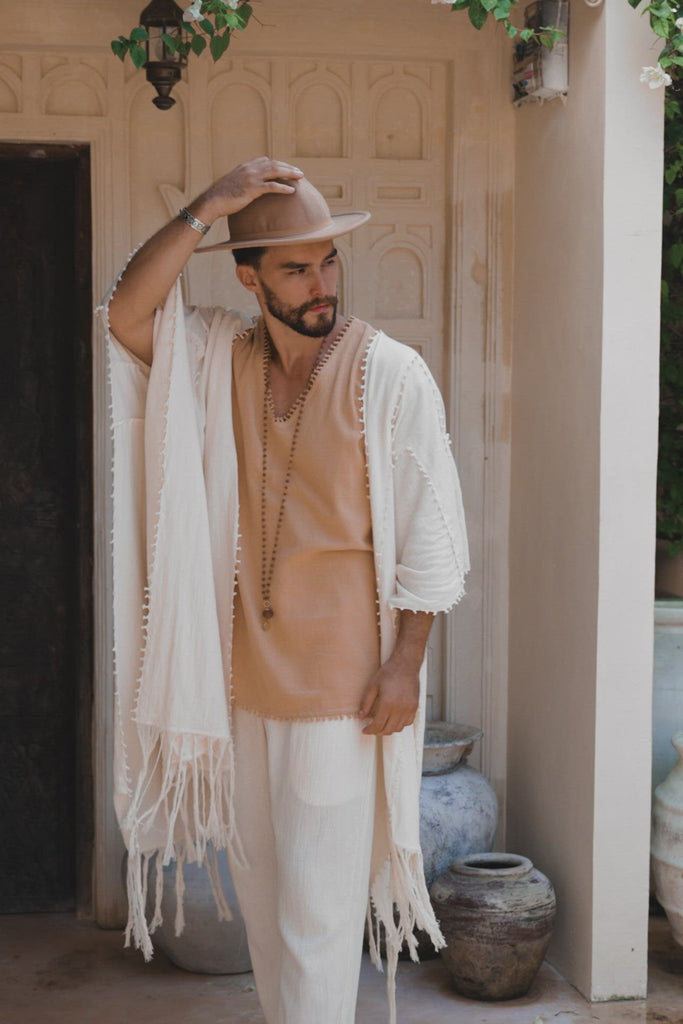 Light Beige Handmade Knots Decorated T-Shirt for Men