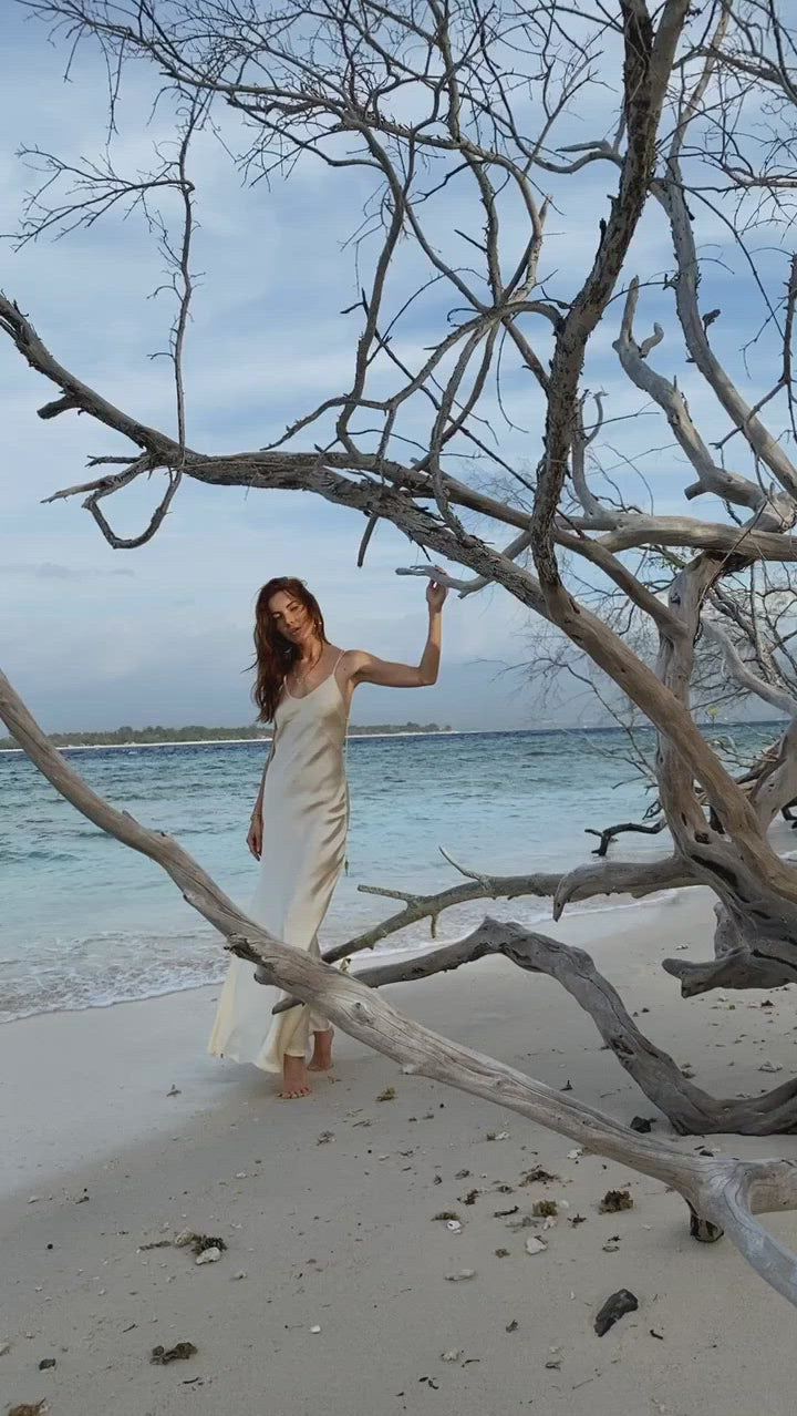 Pearl White Silk Simple Wedding Dress, Natural Silk Boho Dress Women - AYA Sacred Wear