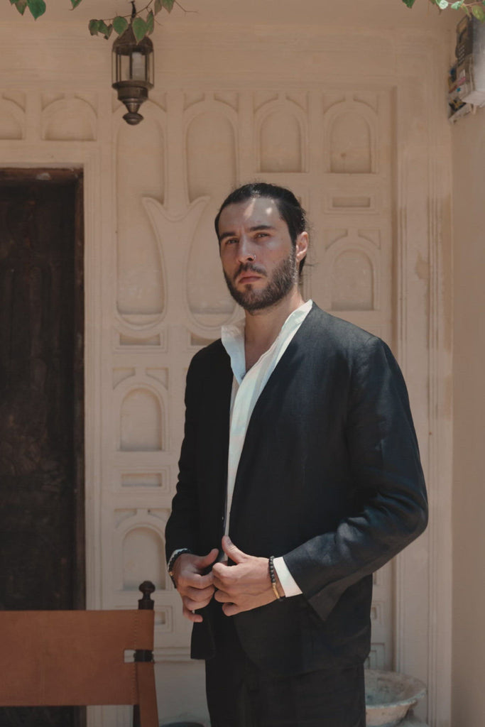 Black Linen Blazer Jacket for Men by AYA Sacred Wear